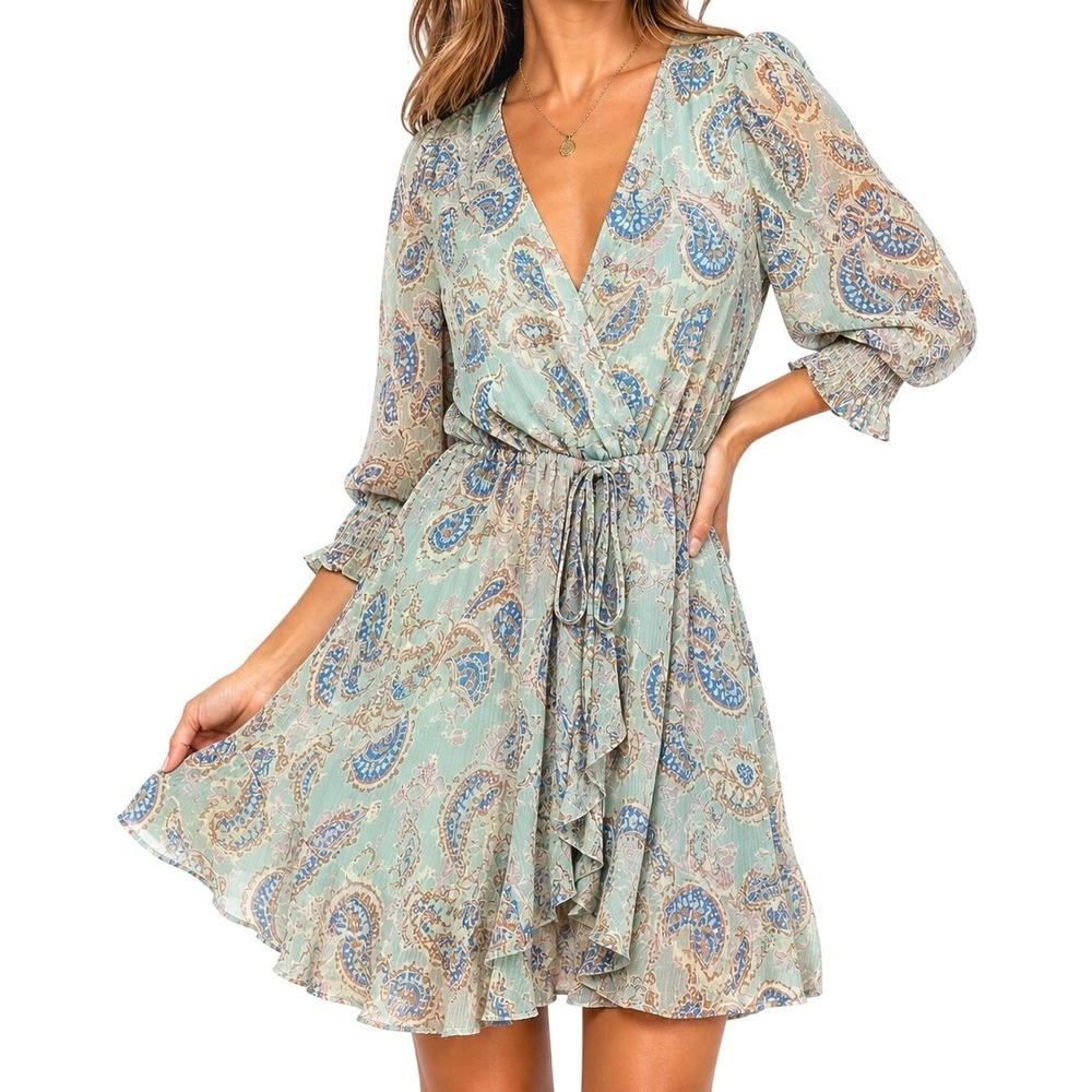 Sienna Sky Wrap Dress Women XS Blue Paisley V-Neck Ruffle Hem Smocked Cuff Mini